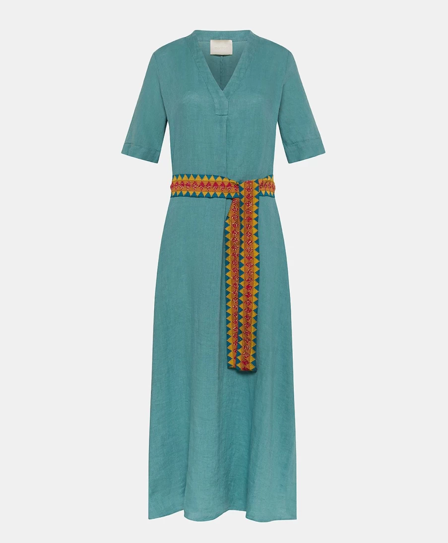 Momoni Women's Cerulean Blue Linen Altamura Dress - Summer Casual Elegant Style