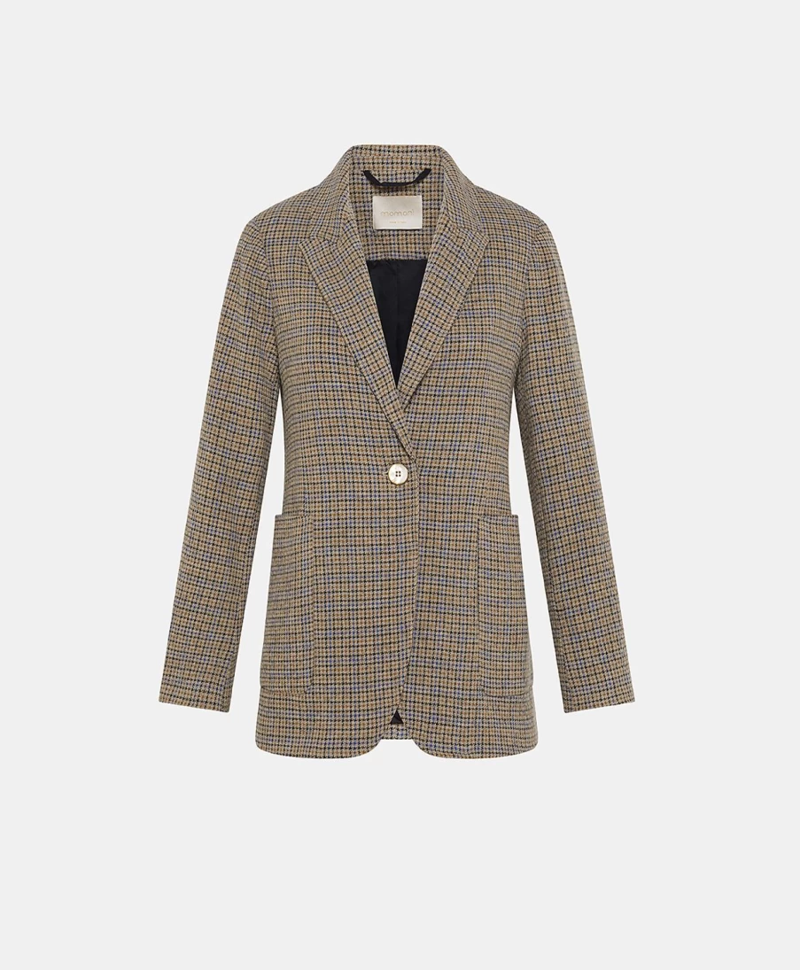 Momoni Women's Houndstooth Seersucker Jacket - Tobacco & Bluette Checkered Blazer