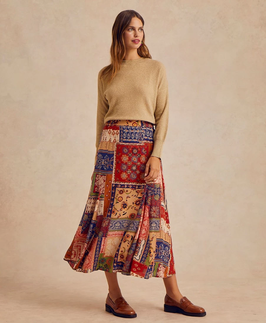 Momoni Women's Theo Skirt - Blue Printed Crepe De Chine Midi Skirt