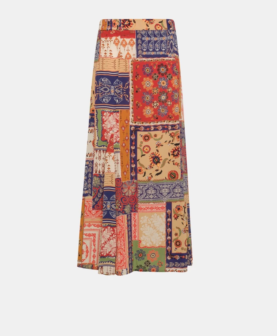 Momoni Women's Theo Skirt - Blue Printed Crepe De Chine Midi Skirt