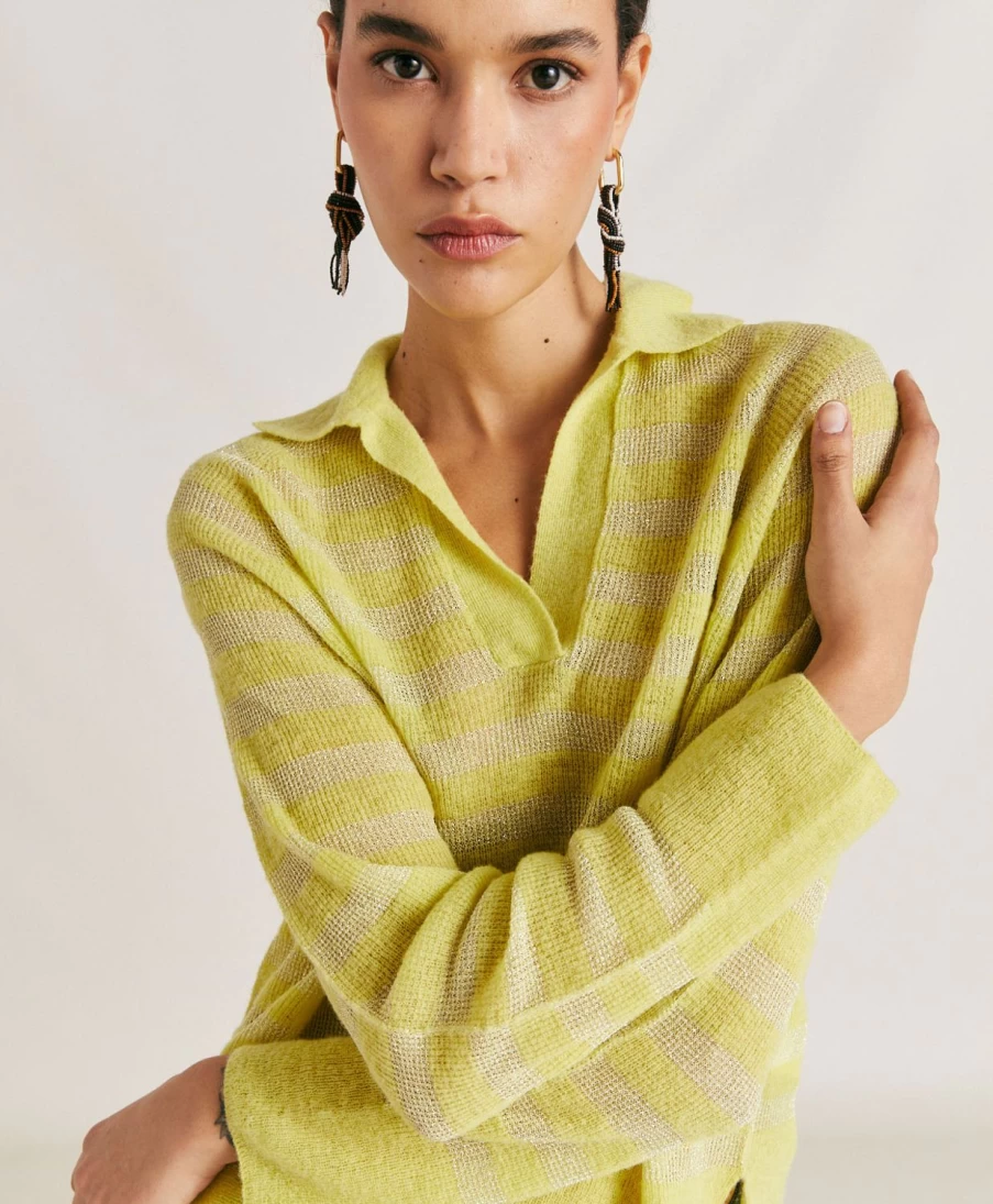 Momoni Women's Lime Green Striped Lurex Ribbed Knitwear - Egide Style