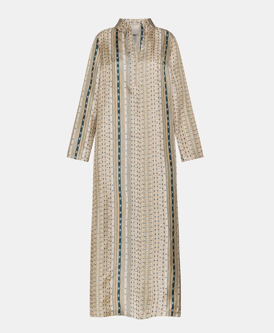 Momoni Women's Aligusta Silk Twill Dress in Sand & Multicolour - Elegant Floral Print