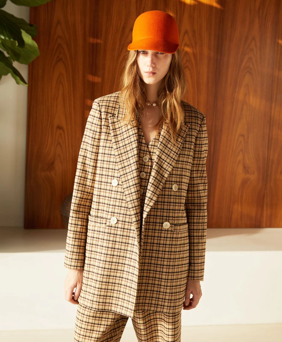 Momoni Women's Brugo Check Wool Gabardine Jacket in Beige, Brown & Yellow