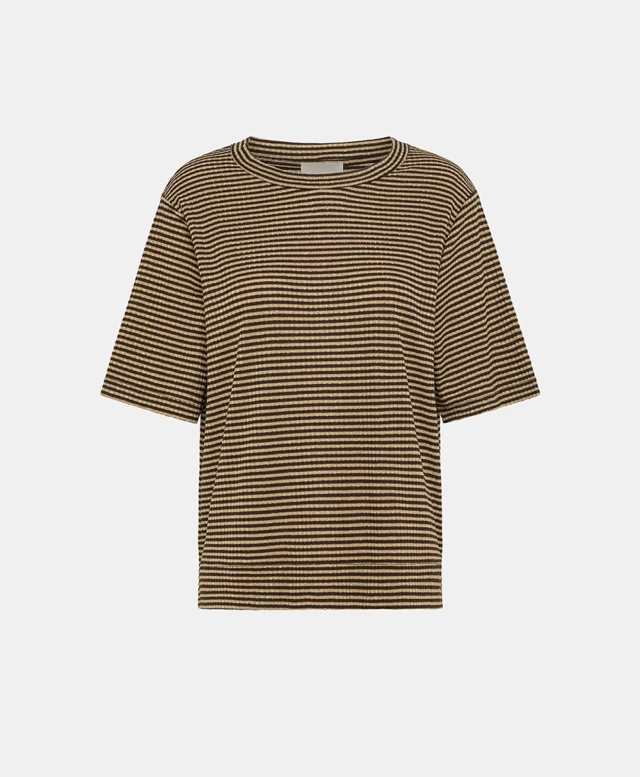 Momoni Women's Lurex Ribbed Striped T-Shirt in Dark Gold - Iora Style Premium Knit Top