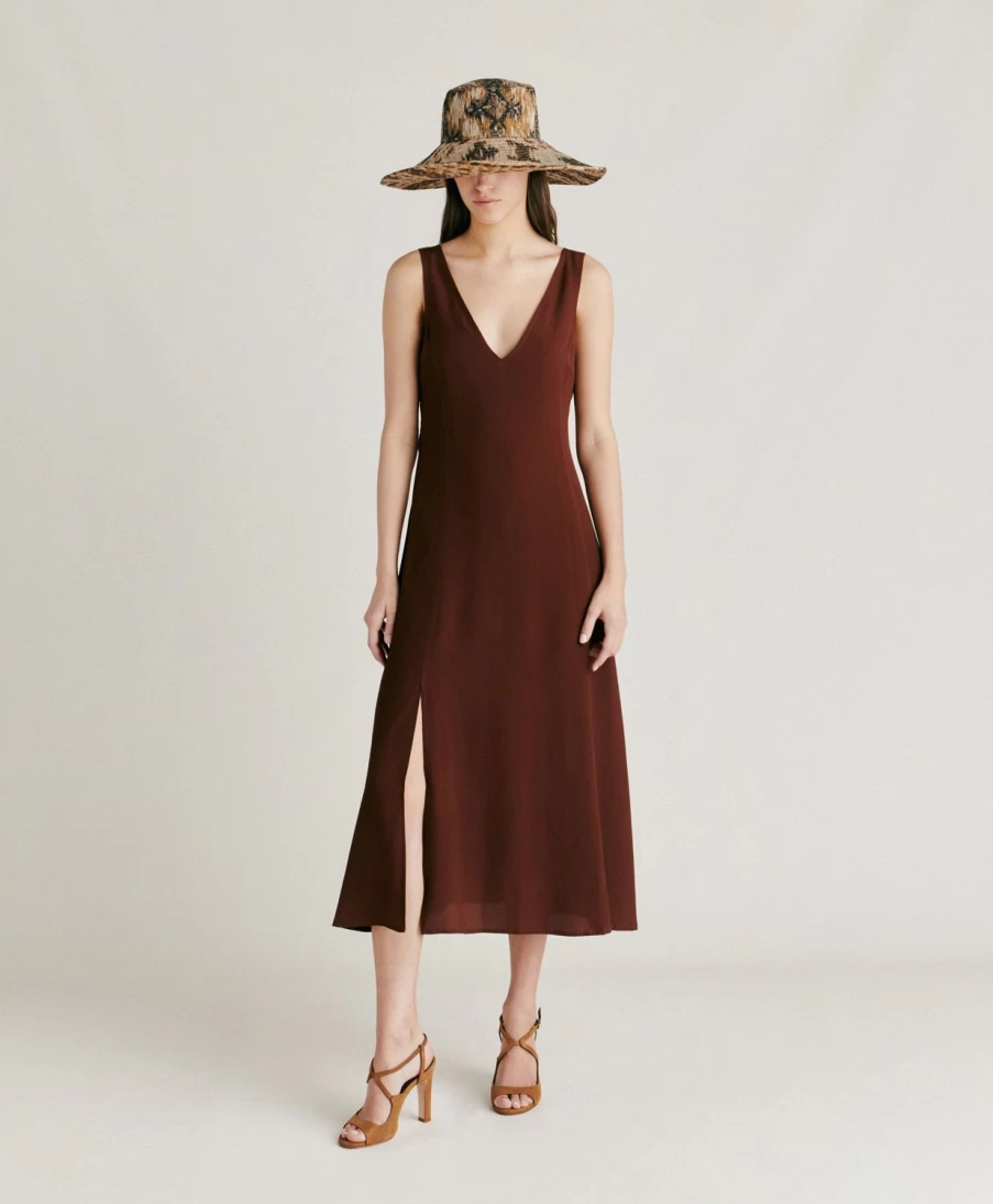 Momoni Women's Chocolate Plain Acetate Silk Chumba Dress