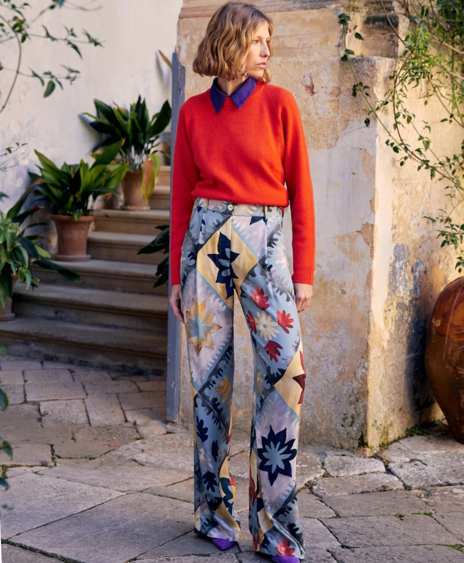 Momoni Women's Austin Pant - Printed Viscose Twill, Multicolor Dusty, High-Waist Casual Trousers