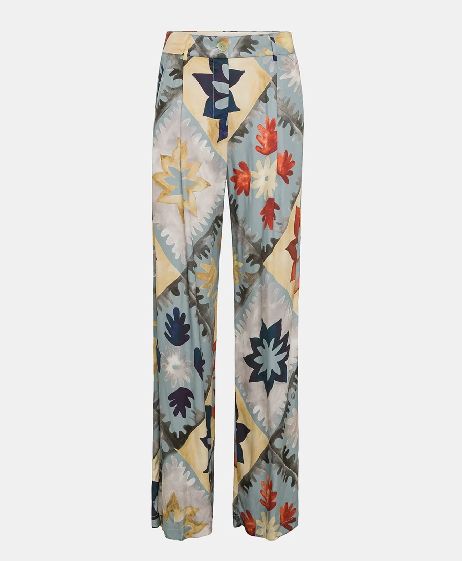 Momoni Women's Austin Pant - Printed Viscose Twill, Multicolor Dusty, High-Waist Casual Trousers