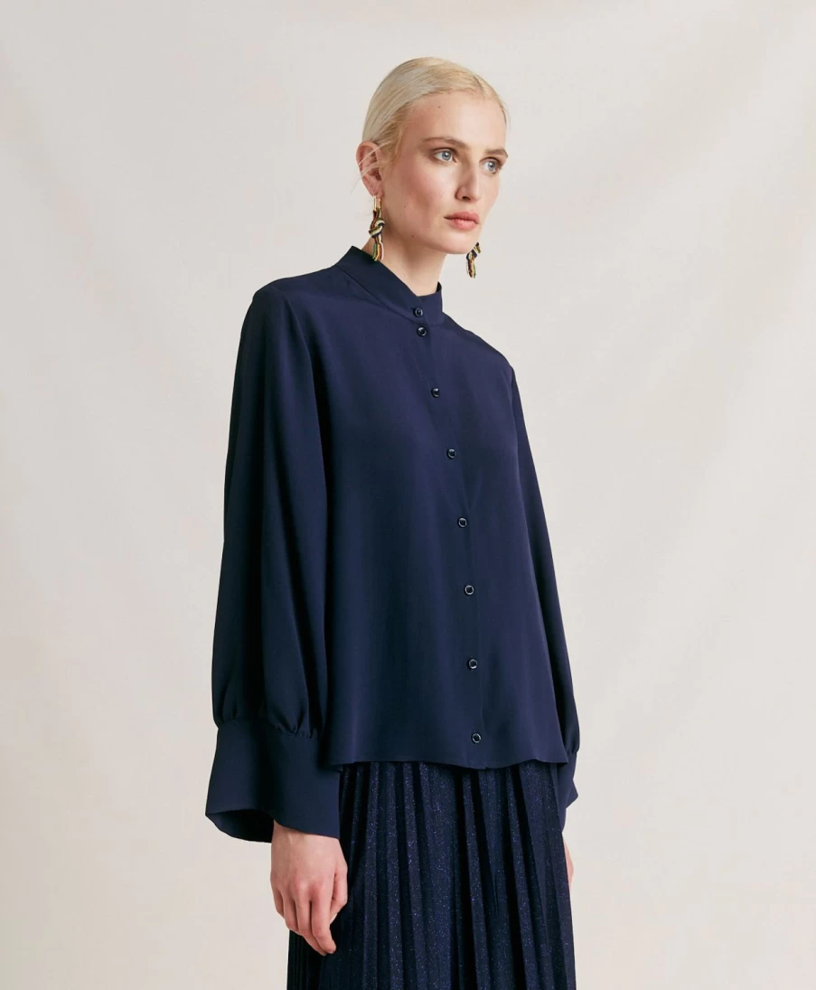 Momoni Women's Dark Blue Acetate Silk Franklin Shirt - Elegant Plain Design