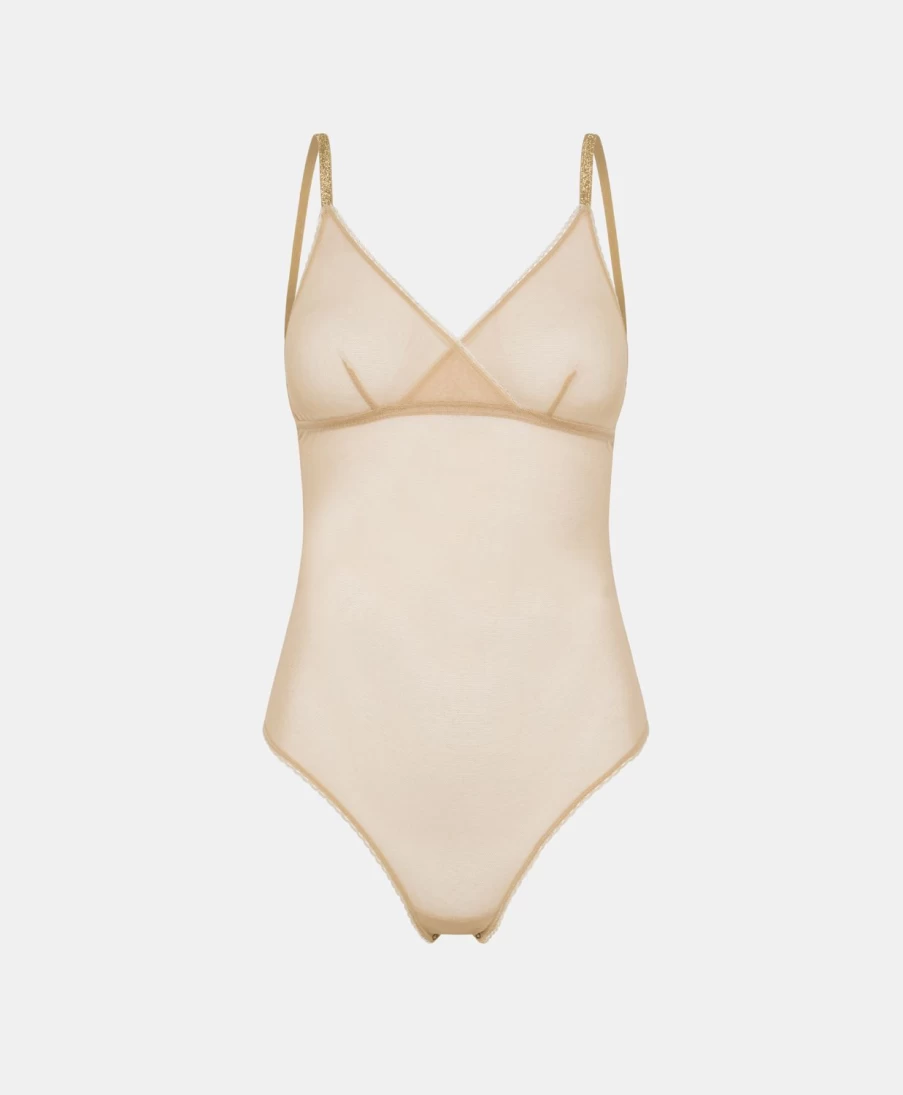 "Momoni Women's Tulle Bodysuit in Skin Pink - Elegant Lace Detail Tore Body"