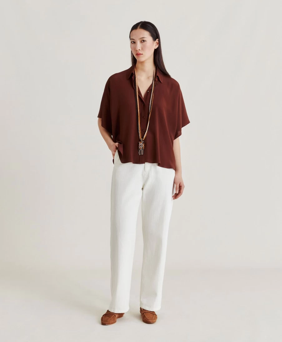 Momoni Women's Brooklyn Shirt - Plain Acetate Silk, Chocolate Brown Elegant Blouse