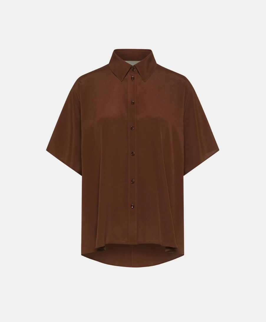 Momoni Women's Brooklyn Shirt - Plain Acetate Silk, Chocolate Brown Elegant Blouse