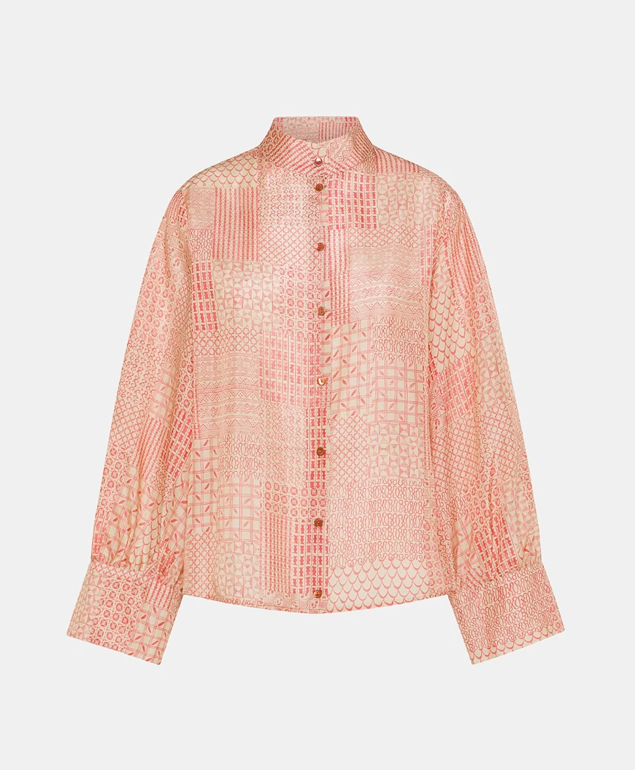 Momoni Women's Franklin Shirt in Haboutai Silk - Cream & Coral Elegant Blouse