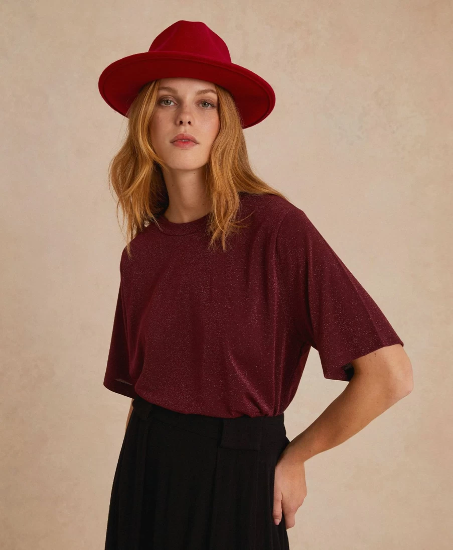 Momoni Women's Lurex Jersey Iora Tshirt in Wine Red