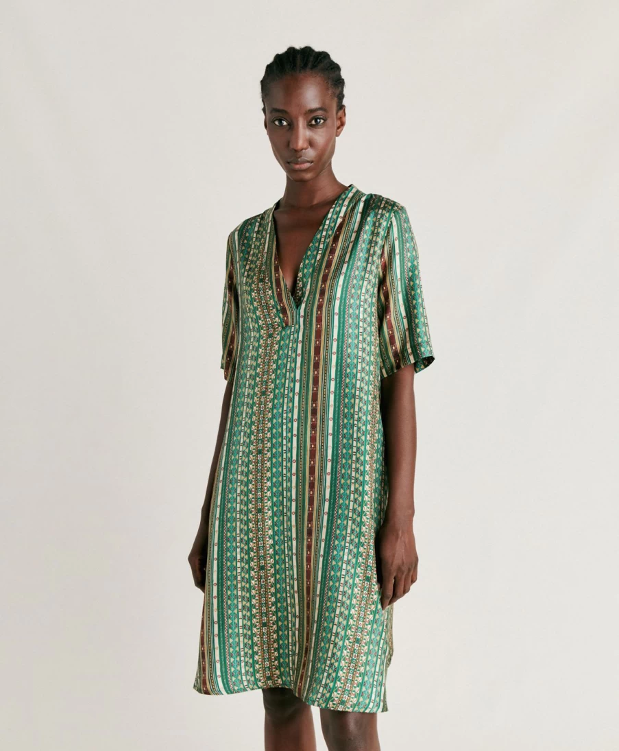 Momoni Women's Sarraina Silk Twill Dress - Green & Multicolor Floral Elegant Fashion