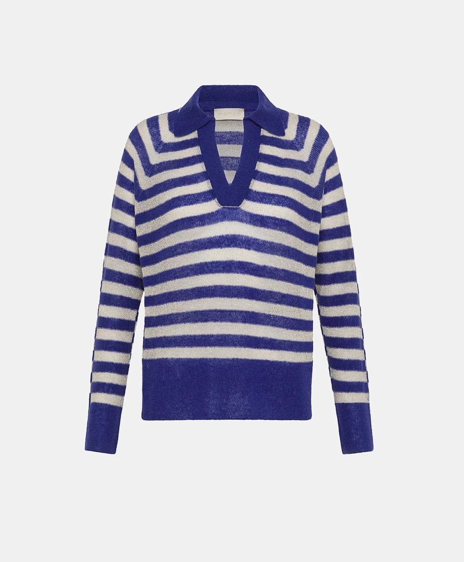 Momoni Women's Blue Striped Lurex Ribbed Knitwear - Egide Style