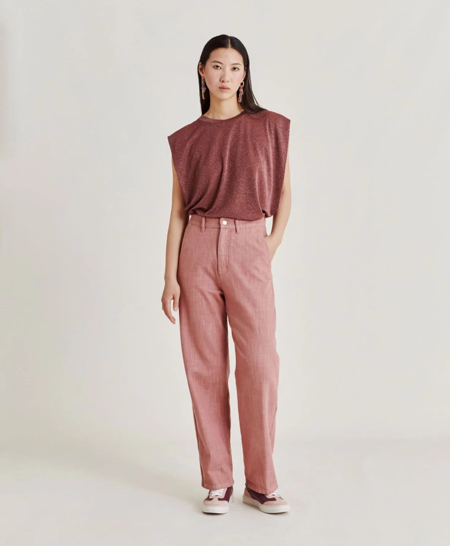 Momoni Women's Fucsia Bis Denim Pants in Antique Pink - High Waisted Vintage Jeans