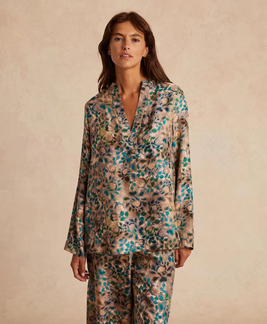 Momoni Women's Atlanta Blouse - Multicolor Green Printed Silk Twill Top