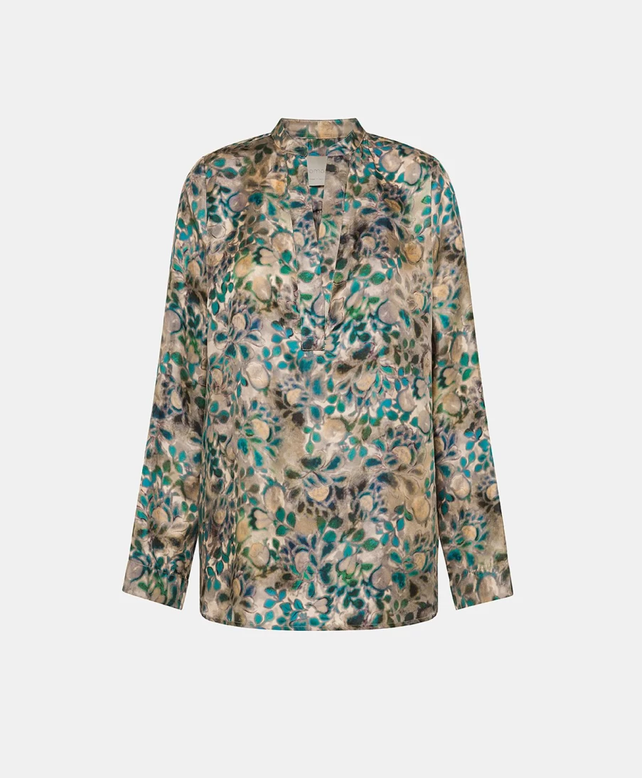 Momoni Women's Atlanta Blouse - Multicolor Green Printed Silk Twill Top