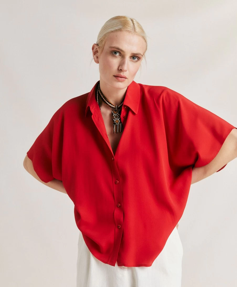 Momoni Women's Brooklyn Shirt - Azalea Plain Acetate Silk Blouse