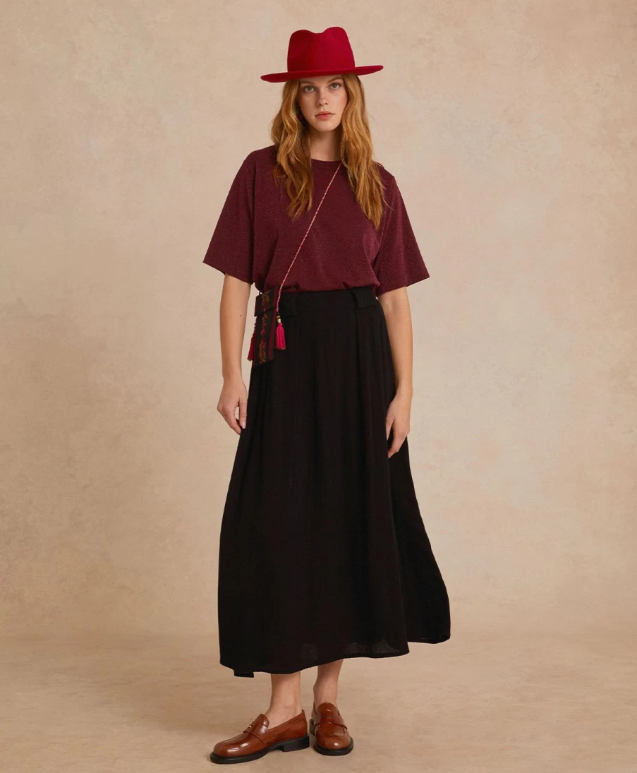 Momoni Women's Gaspard Black Skirt - Double Wool Viscose Gauze Elegant Design