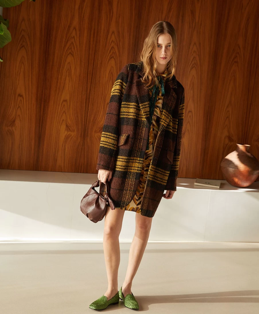 Momoni Women's Pomerania Check Boucle Wool Coat in Ochre