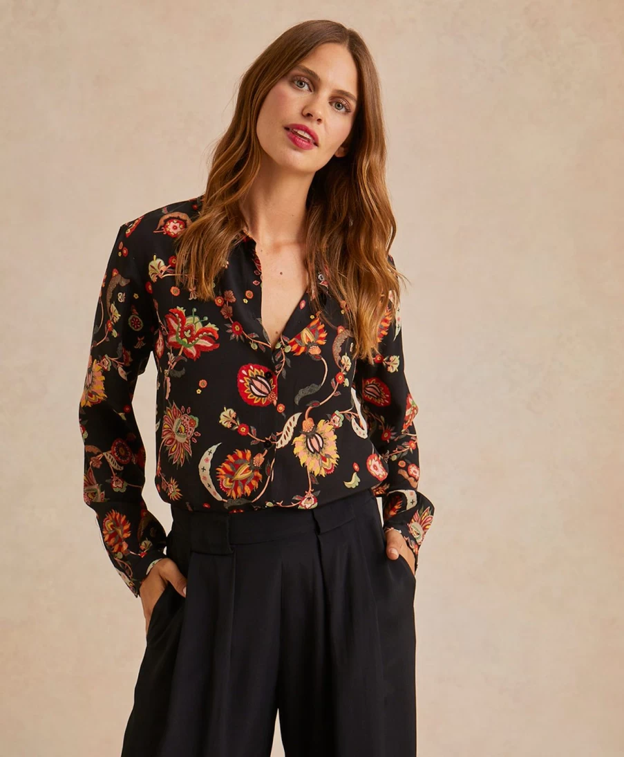 Momoni Women's Meudon Printed Crepe De Chine Shirt - Multicolor Black Floral Blouse