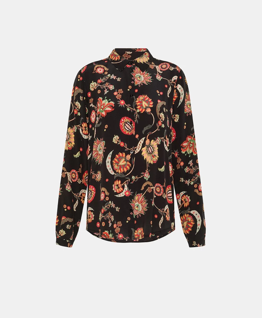 Momoni Women's Meudon Printed Crepe De Chine Shirt - Multicolor Black Floral Blouse