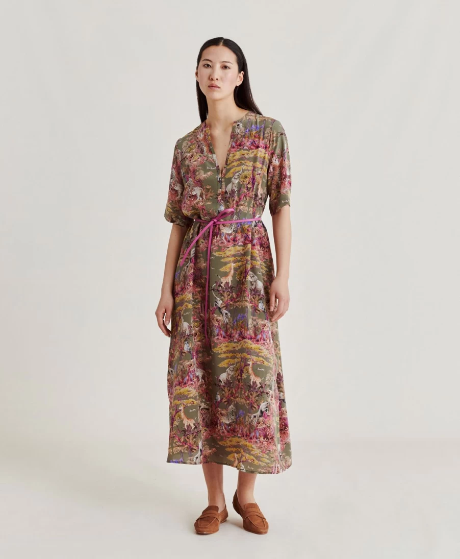 Momoni Women's Olive Green Multicolour Penelope Crepe De Chine Dress