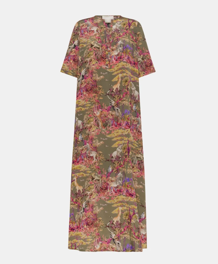 Momoni Women's Olive Green Multicolour Penelope Crepe De Chine Dress