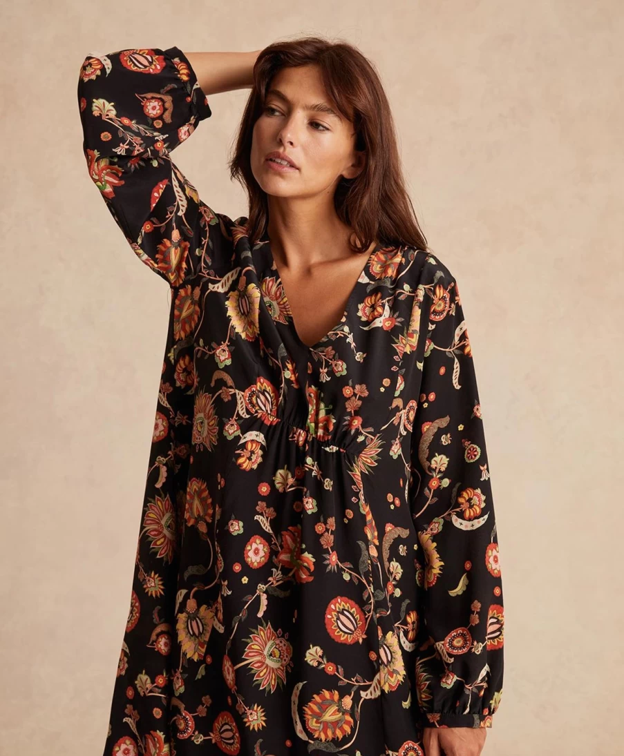 Momoni Women's Fabien Printed Crepe de Chine Dress - Multicolor Black Floral Elegant Design