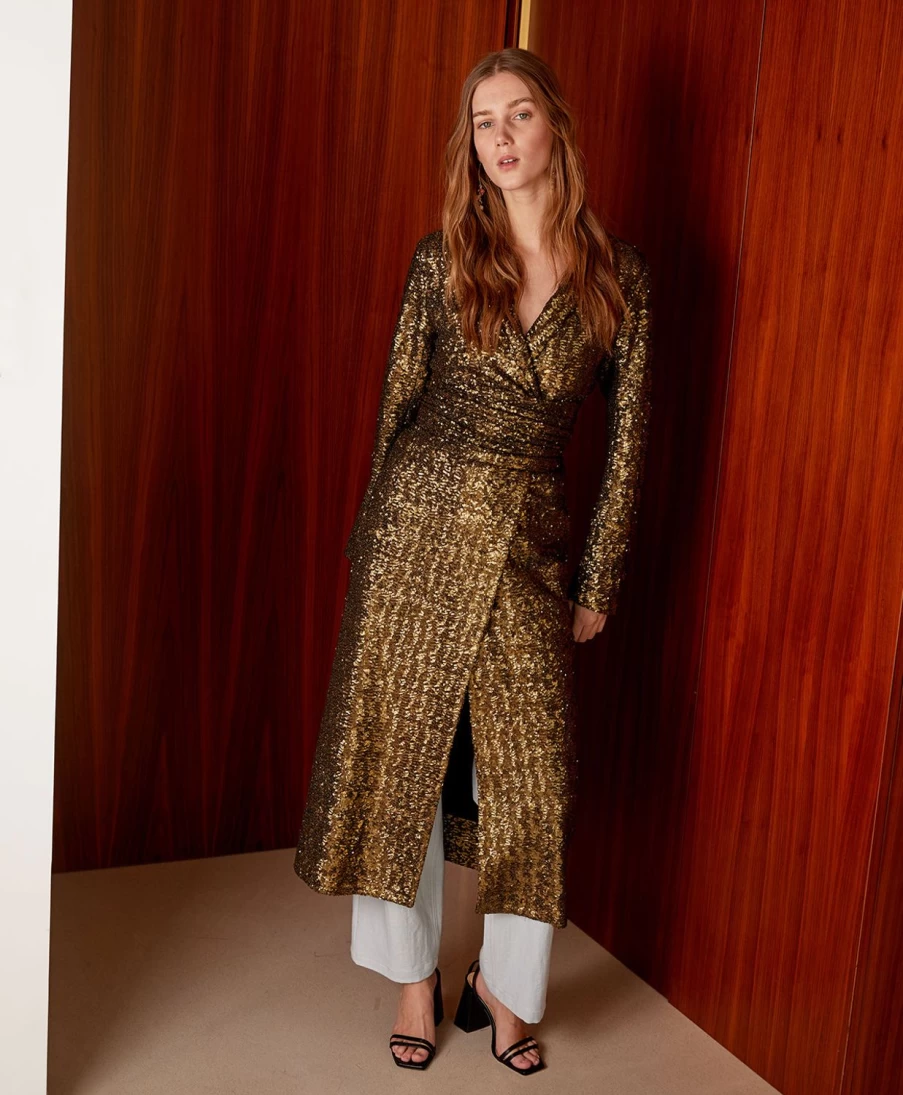 Momoni Women's Bronze Sequined Tulle Hebe Duster - Elegant Evening Cover-Up
