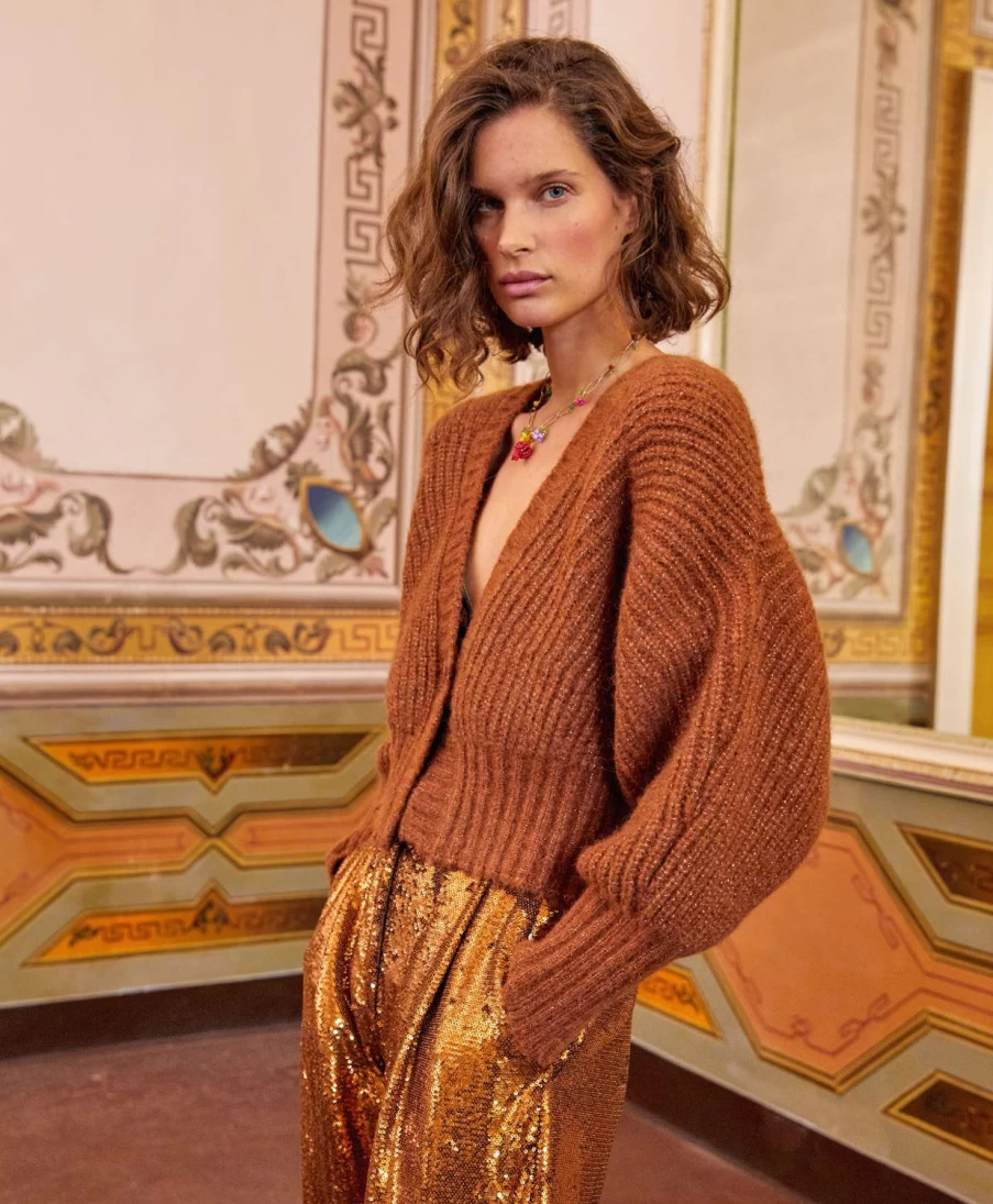 Momoni Women's Copper Ribbed Lurex Cardigan - Isaie Knit Sweater