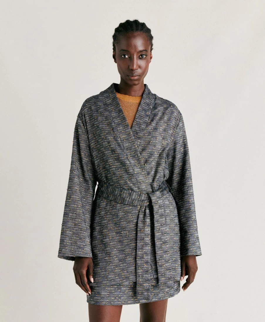 Momoni Women's Eugenie Blue & Gold Basketweave Jacket with Fil Coupe Detail