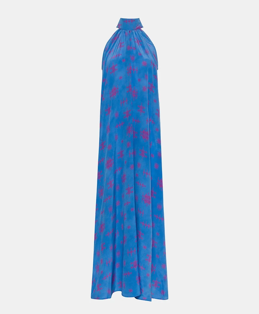 Momoni Women's Sabina Dress - Cornflower Blue & Fuchsia Crepe De Chine Elegant Flowy Gown