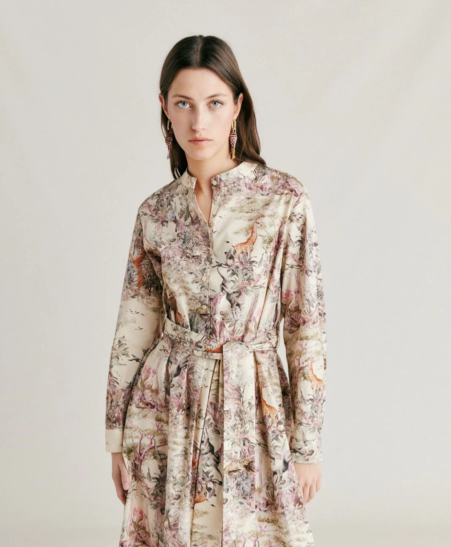 Momoni Women's Lorina Poplin Dress - Multicolour Cream Floral Summer Dress