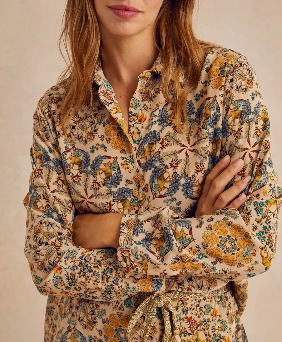 Momoni Women's Meudon Printed Crepe De Chine Shirt - Multicolor Beige