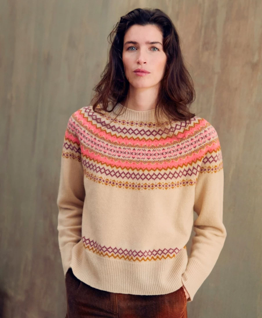 Momoni Women's Beige Jacquard Wool Knitwear - Thibault Style Premium Sweater