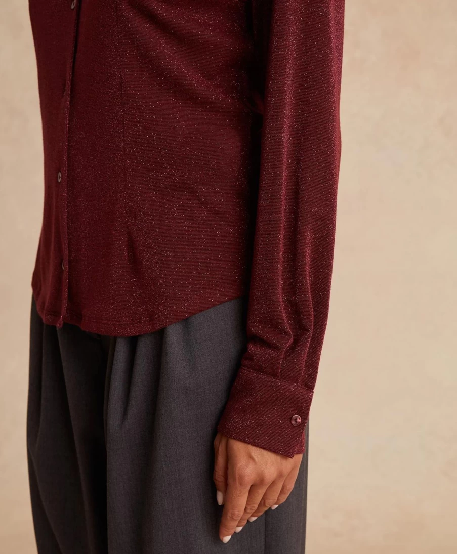 Momoni Women's Justin Lurex Jersey Shirt in Wine Red - Elegant Glamorous Top