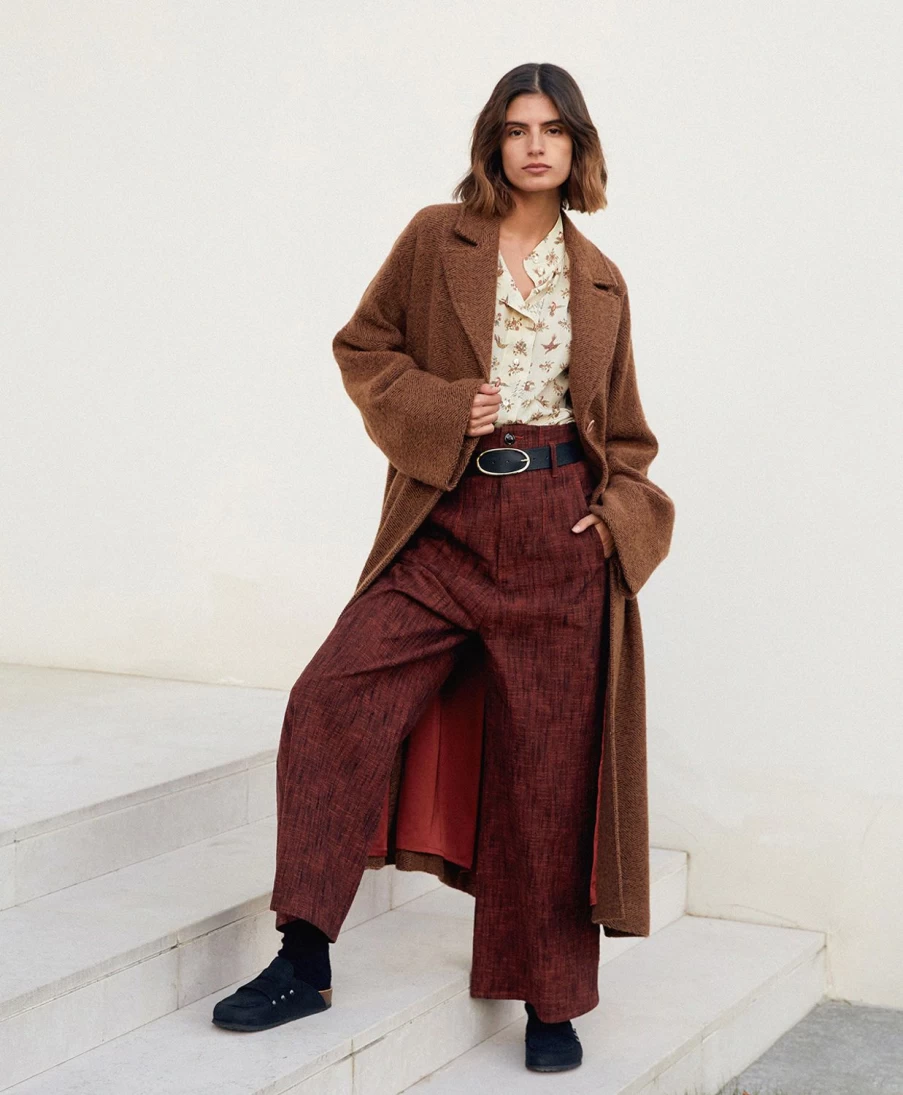 Momoni Women's Chevron Wool Coat in Beige and Chocolate Brown - Danimarca Style Winter Outerwear