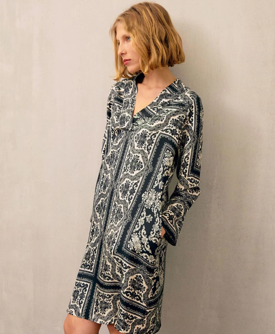 Momoni Women's Printed Silk Twill Dress - Black & Optical White Elegant Floral Design