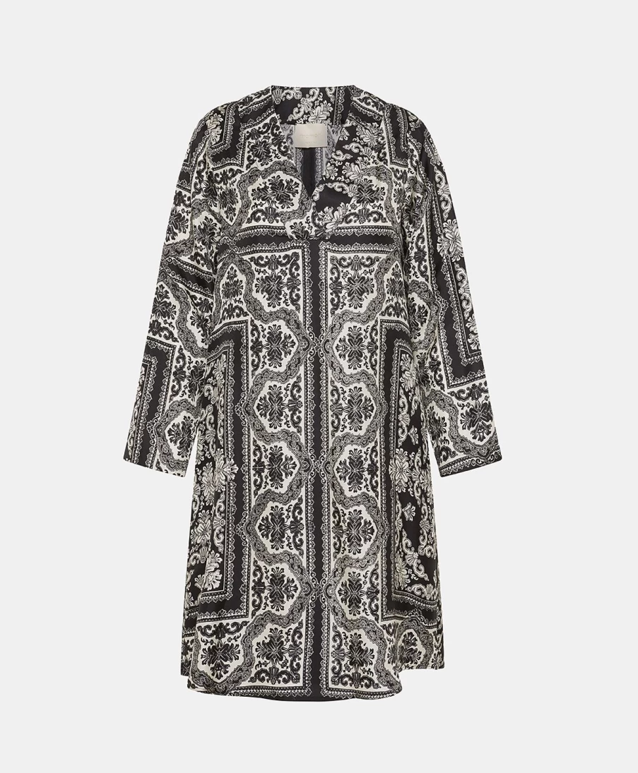 Momoni Women's Printed Silk Twill Dress - Black & Optical White Elegant Floral Design
