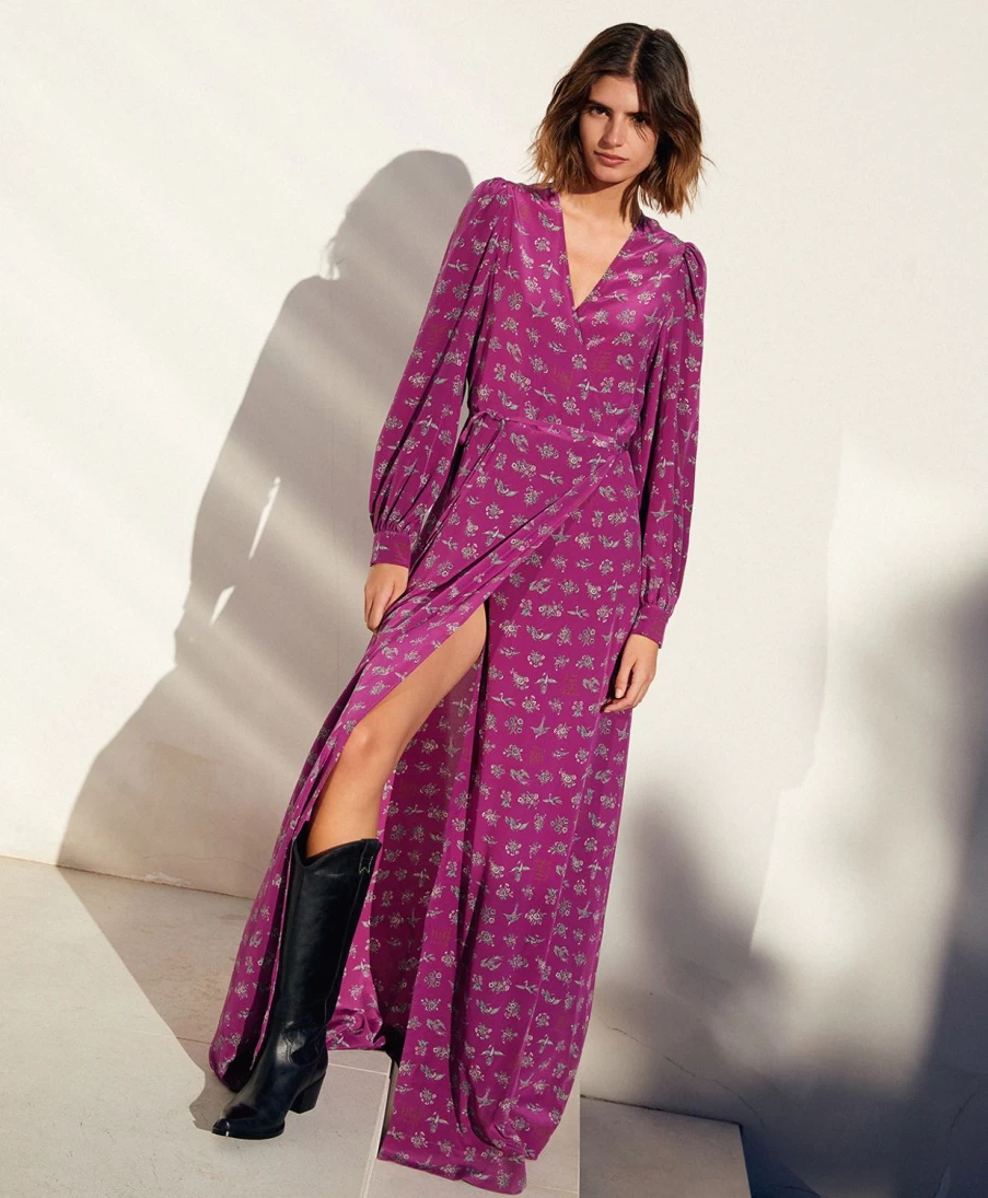 Momoni Women's Printed Silk Crepe de Chine Dress - Purple & Pink Alaterno Style