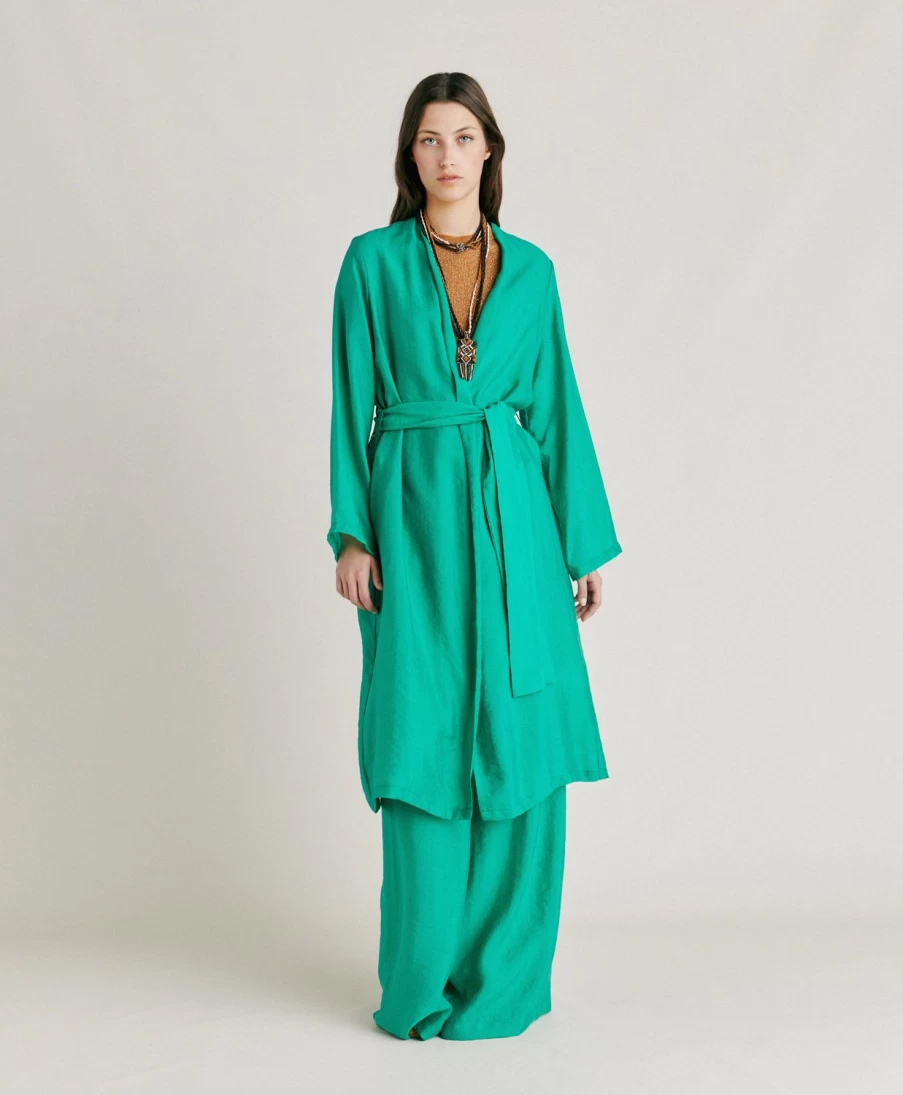 Momoni Women's Emerald Green Jacquard Cupro Serena Coat | Elegant Long Sleeve Trench Coat