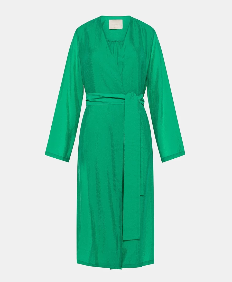 Momoni Women's Emerald Green Jacquard Cupro Serena Coat | Elegant Long Sleeve Trench Coat