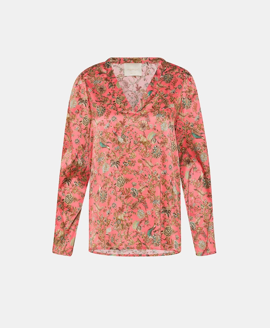 Momoni Women's Morgan Printed Stretch Satin Blouse - Pink & Camel Elegant Top