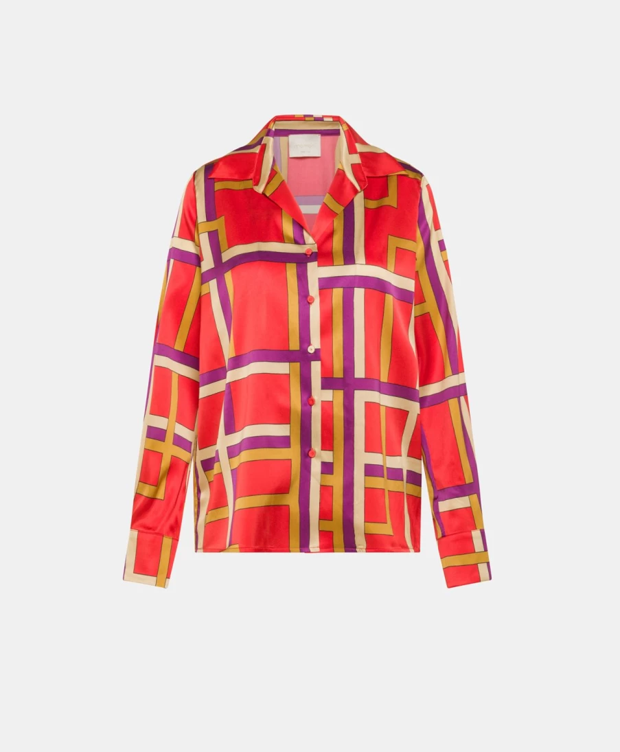 Momoni Women's Printed Stretch Satin Shirt - Red and Purple Simon Design