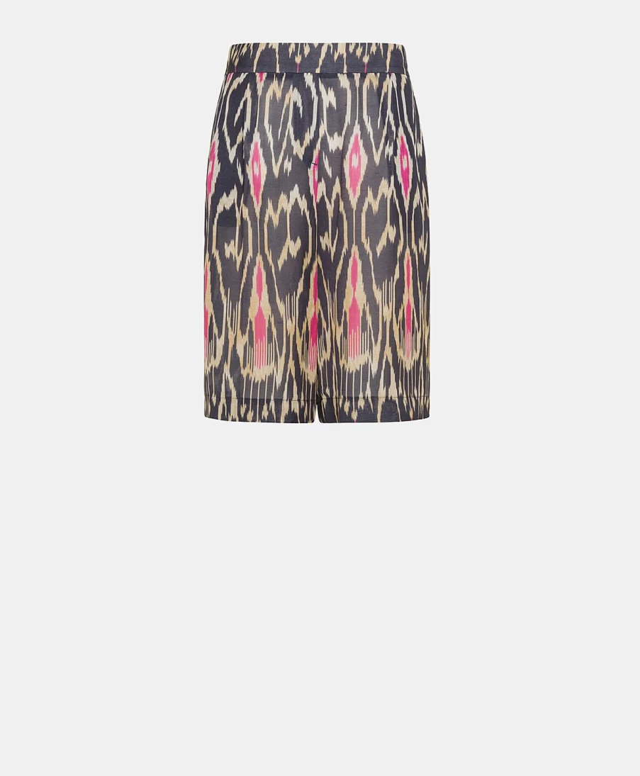Momoni Women's Nina Short - Blue Multicolor Viscose Linen Blend Casual Summer Shorts