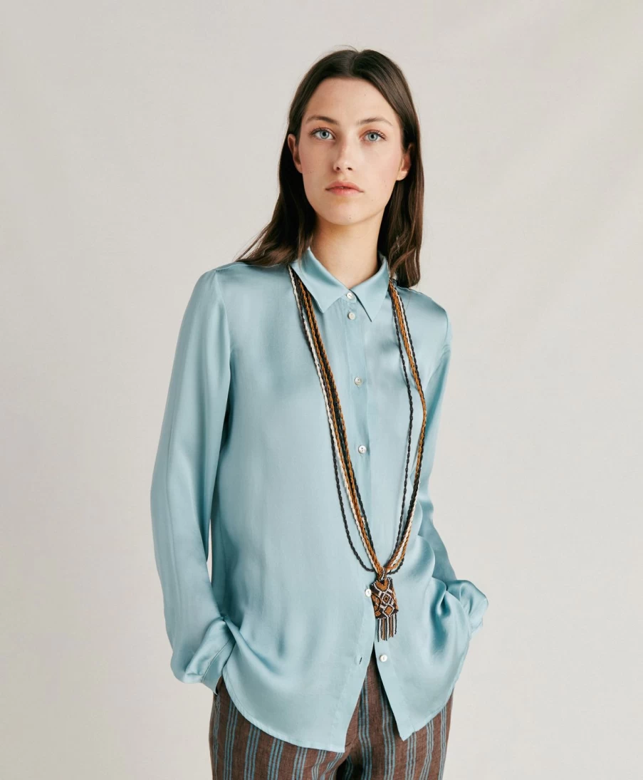 Momoni Women's Cerulean Silk Meudon Shirt - Plain Elegant Blouse for Women