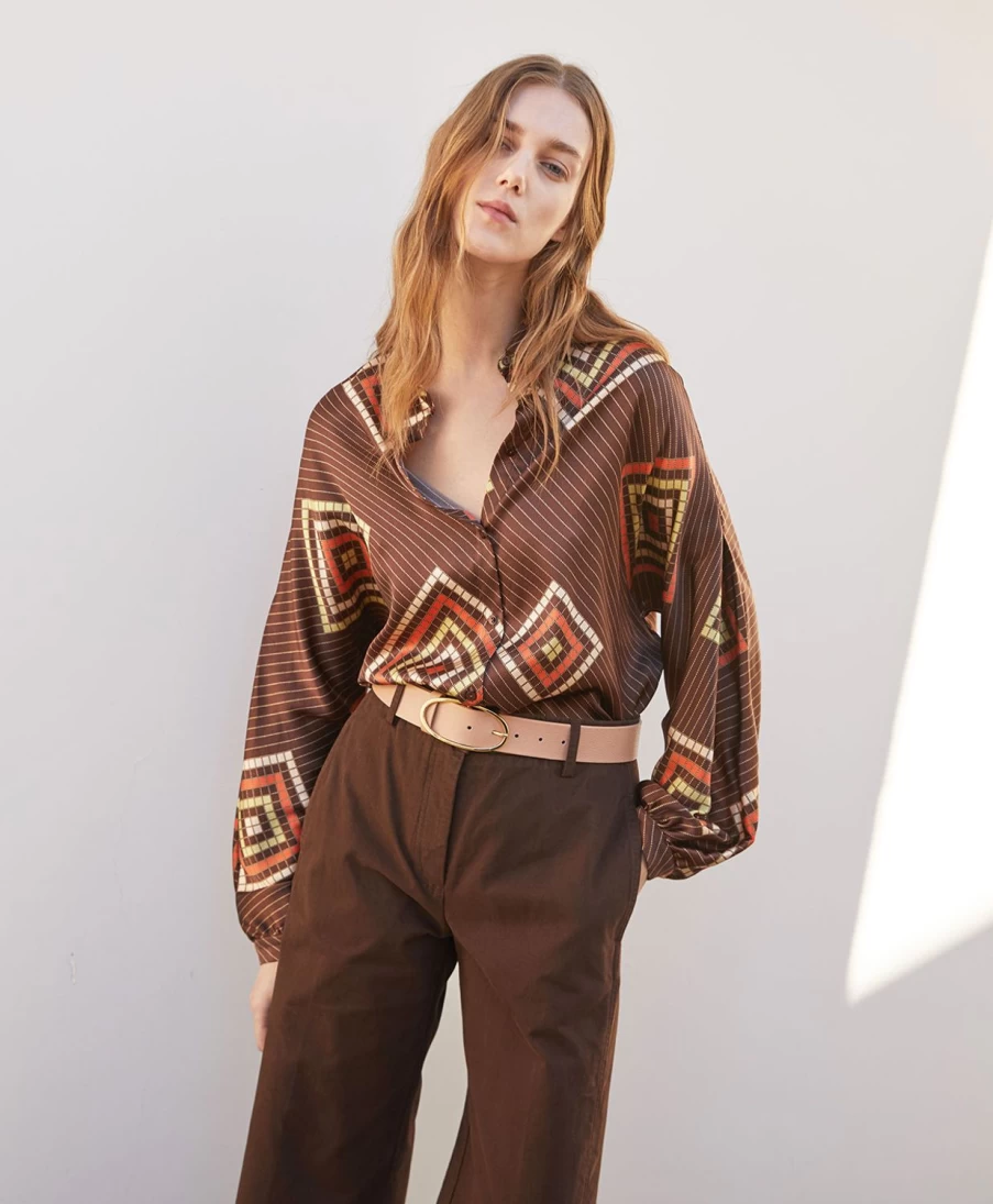 Momoni Women's Brown & Orange Printed Stretch Silk Satin Salice Shirt