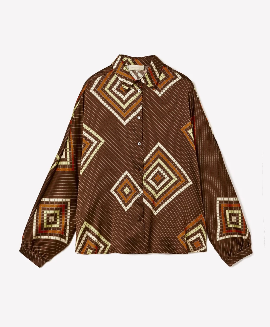 Momoni Women's Brown & Orange Printed Stretch Silk Satin Salice Shirt
